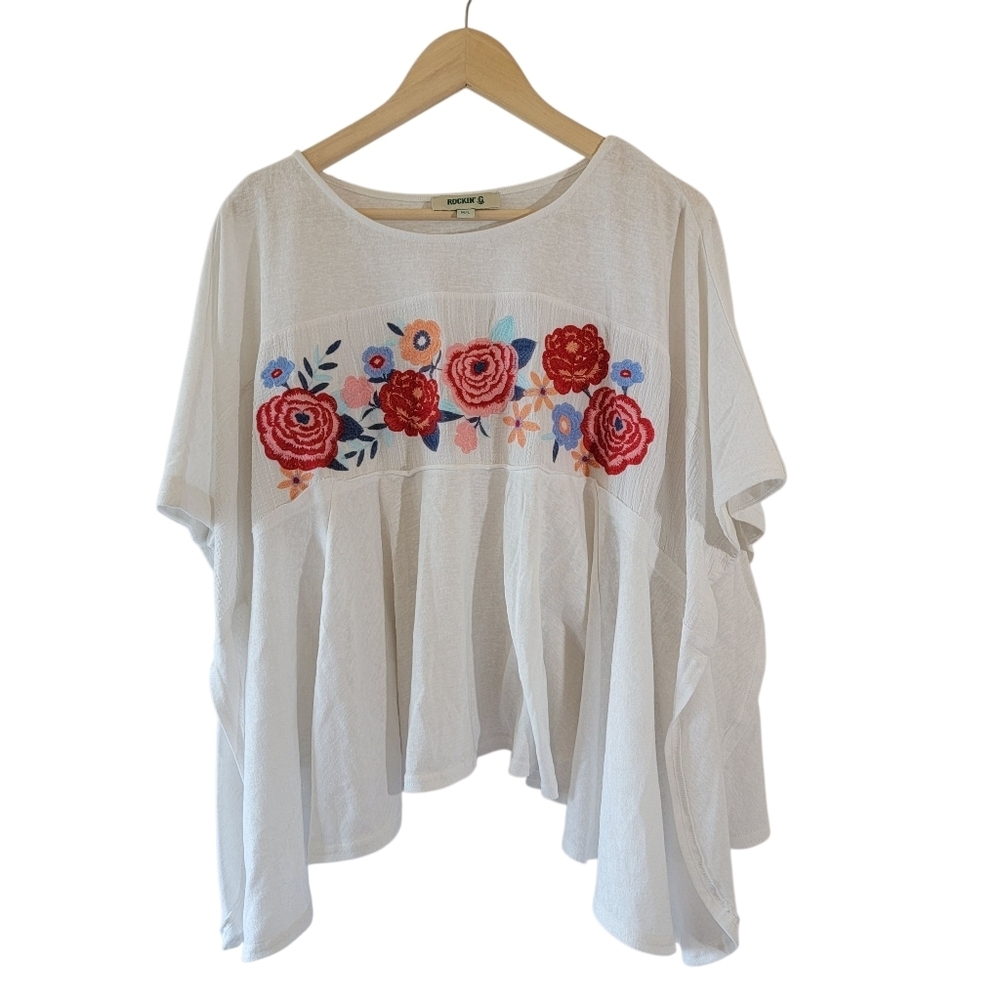 Rockin' G White Colorful Floral Embroidered Kimono Top Sz M/L Boho Western Flowy